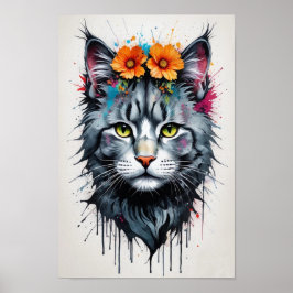 Cool Pop Art Kleurrijke Kat met Bloemen Portret Poster