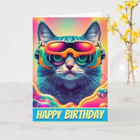 Cool Psychedelic Psychonaut Kitty Kat Kaart (Gele Bloem)