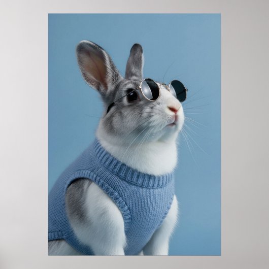 Cool Rabbit in Blue Sweater and Round Sunglasses Poster (Voorkant)