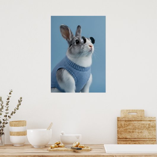 Cool Rabbit in Blue Sweater and Round Sunglasses Poster (Keuken)