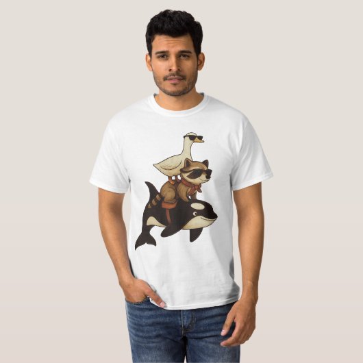 Cool Raccoon en Duck Riding Orca T-shirt (Voorkant volledig)
