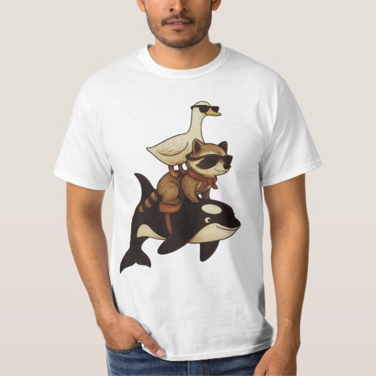 Cool Raccoon en Duck Riding Orca T-shirt (Voorkant)