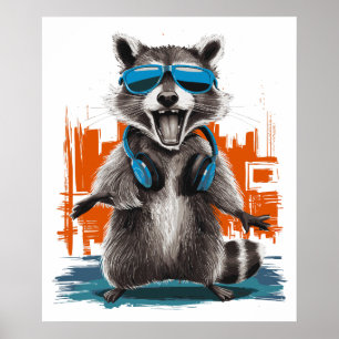 Cool Raccoon met hoofdtelefoon Poster