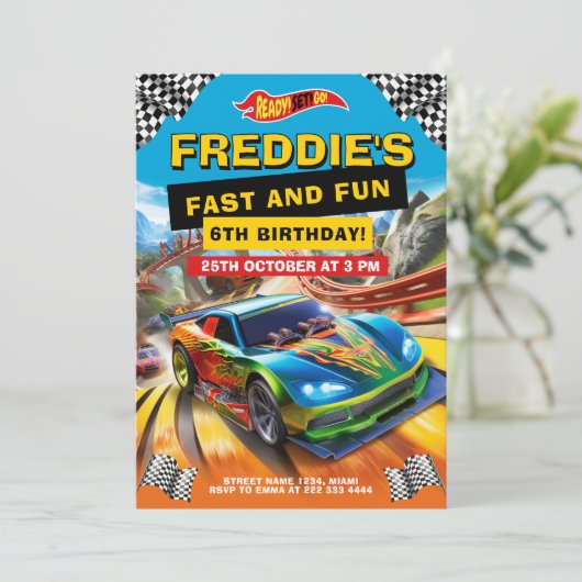 Cool Race Auto Verjaardagsfeestje Kaart (Staand voorkant)