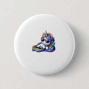 Cool Rainbow Unicorn met zonnebril Ontspannen Lang Ronde Button 5,7 Cm