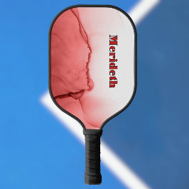 Cool Red and White Faux Alcohol Ink Pour Monogram Pickleball Paddle