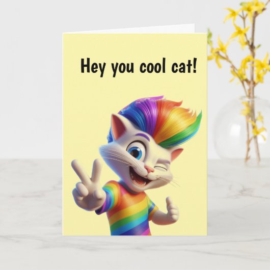Cool Regenboog Kat Verjaardag Kaart (Gele Bloem)