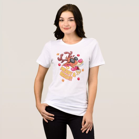 Cool Reindeer Merry Bright Holiday Tri-Blend Shirt (Voorkant volledig)