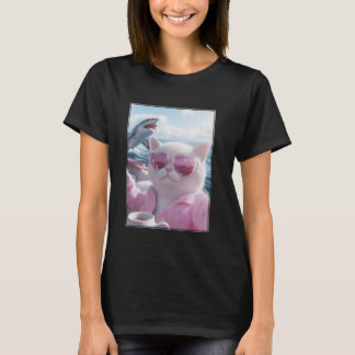 Cool Relaxed Cat op een jachtboot met Shark Funny T-shirt