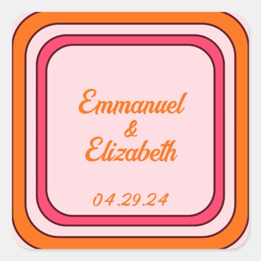 Cool Retro 70s Roze & Oranje bruiloft Vierkante Sticker (Voorkant)