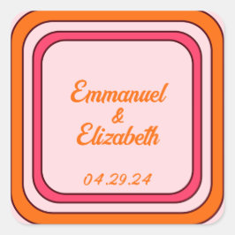 Cool Retro 70s Roze & Oranje bruiloft Vierkante Sticker