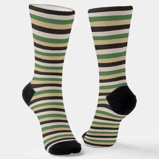 Cool Retro 70s Stripes Zwart Groen Tan Crew Sokken (Gebogen)