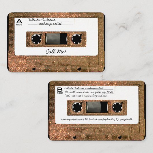 Cool Retro 80's Gold Glitter Cassettebandje Mixtap Visitekaartje (Voorkant / Achterkant)
