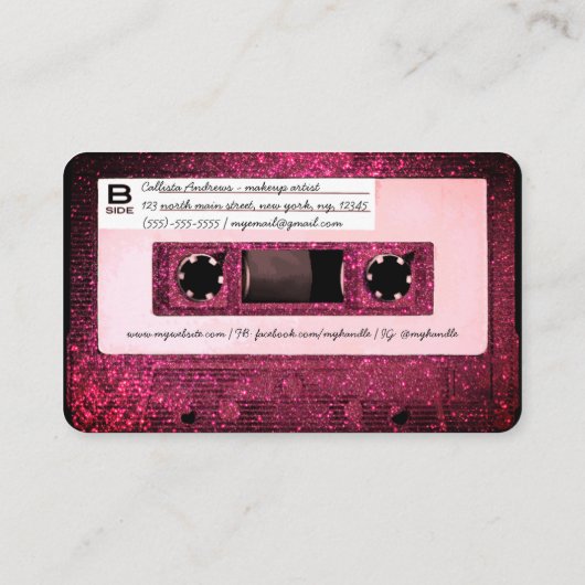 Cool Retro 80's Pink Glitter Cassettebandje Mixtap Visitekaartje (Achterkant)