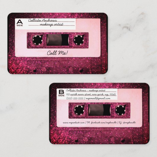 Cool Retro 80's Pink Glitter Cassettebandje Mixtap Visitekaartje (Voorkant / Achterkant)