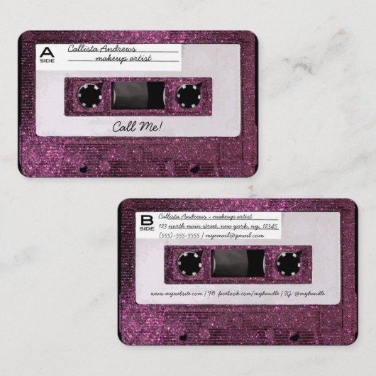 Cool Retro 80's Pink Glitter Cassettebandje Mixtap Visitekaartje (Voorkant / Achterkant)