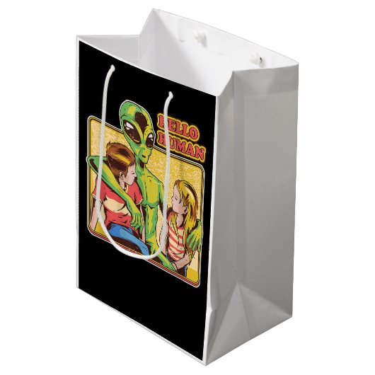 Cool Retro Alien ET Hallo Humans Buitenspatie Gala Medium Cadeauzakje (Voorkant Gekanteld)