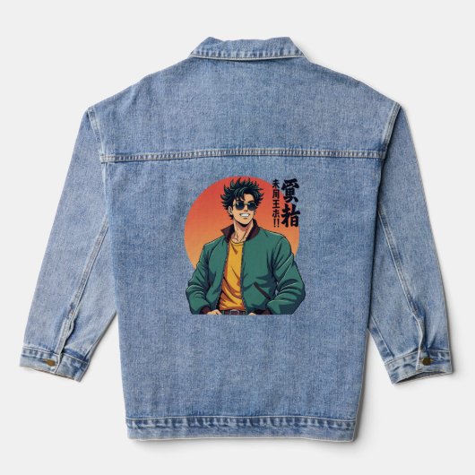 Cool Retro Anime Guy – Stijlvolle jaren 80 estheti Denim Jacket (Achterkant)