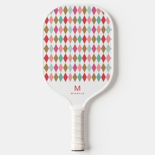 Cool Retro Argyle Diamonds Pattern Monogram Pickle Pickleball Paddle (Voorkant)