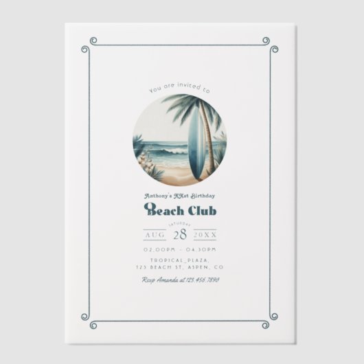 Cool Retro Beach Club Verjaardagsfeest Vellum Uitnodigingen (Voorkant)