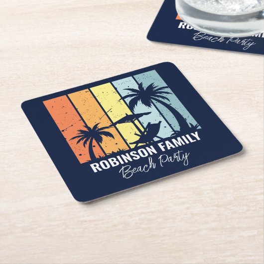 Cool Retro Beach Party Custom Navy Blauw Kartonnen Onderzetters (Schuin)