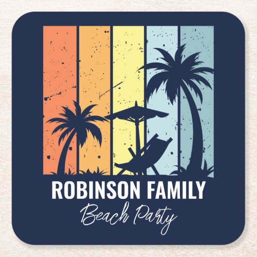 Cool Retro Beach Party Custom Navy Blauw Kartonnen Onderzetters (Voorkant)