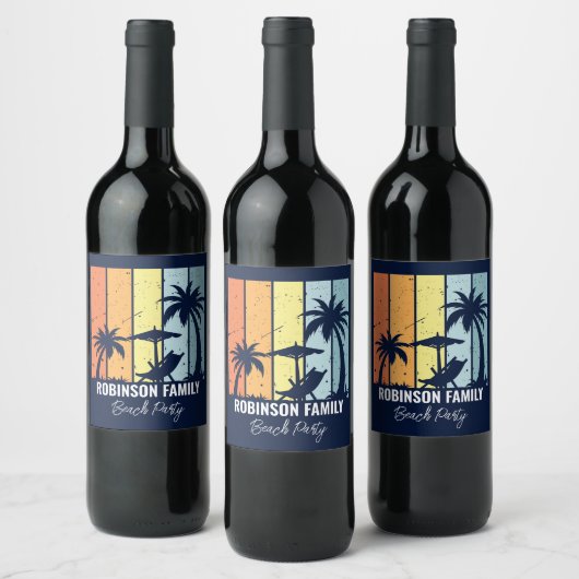 Cool Retro Beach Party Custom Navy Blauw Wijn Etiket (Flessen)