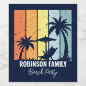 Cool Retro Beach Party Custom Navy Blauw Wijn Etiket (Enkel label)