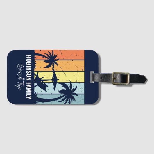 Cool Retro Beach Trip Custom Navy Blauwe Palmbomen Bagagelabel (Voorkant (horizontaal))