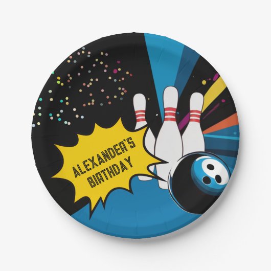Cool Retro Blauw Zwart Bowling Pin Verjaardagsfees Papieren Bordje (Voorkant)