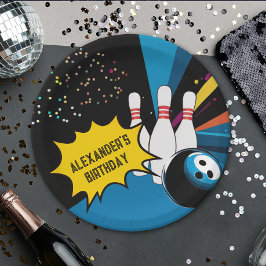 Cool Retro Blauw Zwart Bowling Pin Verjaardagsfees Papieren Bordje