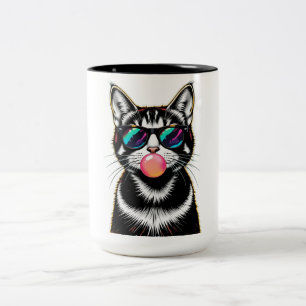 Cool Retro Cat – Bubblegum Pop Art Design Tweekleurige Koffiemok