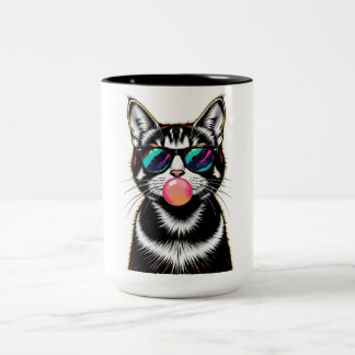 Cool Retro Cat – Bubblegum Pop Art Design Tweekleurige Koffiemok