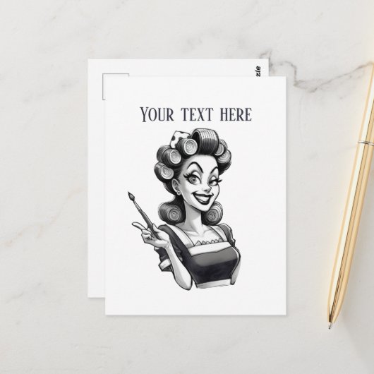 Cool retro dame tekst toevoegen briefkaart (Voorkant / Achterkant in situ)