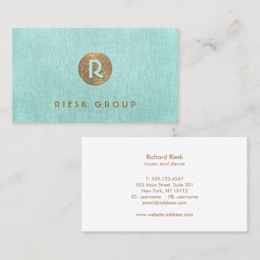 Cool Retro Gold Monogram Modern Aqua Blue Visitekaartje (Voorkant / Achterkant)