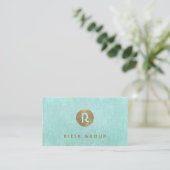 Cool Retro Gold Monogram Modern Aqua Blue Visitekaartje (Staand voorkant)