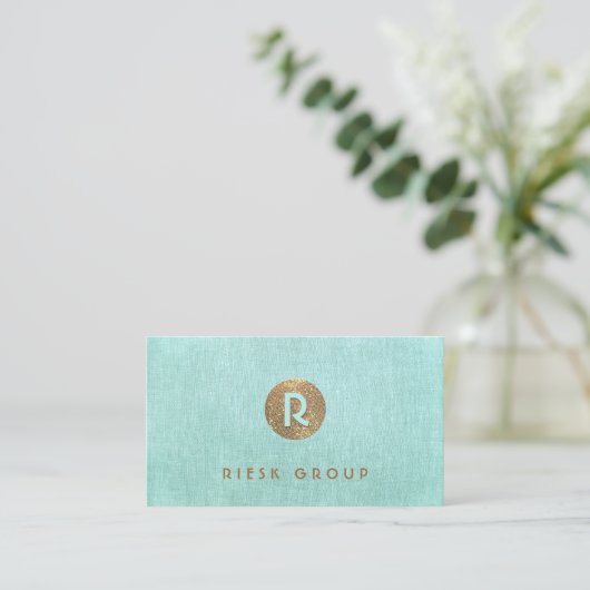 Cool Retro Gold Monogram Modern Aqua Blue Visitekaartje (Staand voorkant)