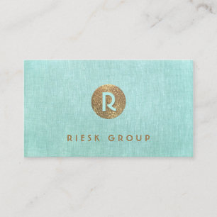 Cool Retro Gold Monogram Modern Aqua Blue Visitekaartje