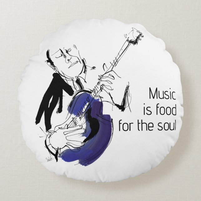 Cool Retro Man Playing Guitar - Jazz Music Art Rond Kussen (Voorkant)