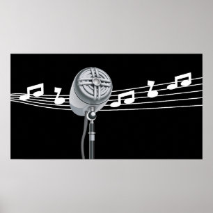 Cool Retro Mic & Musical Notes Black, aangepast Poster