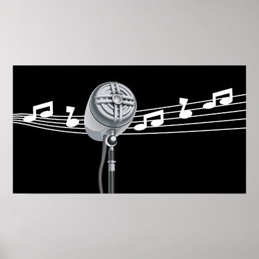 Cool Retro Mic & Musical Notes Black, aangepast Poster (Voorkant)