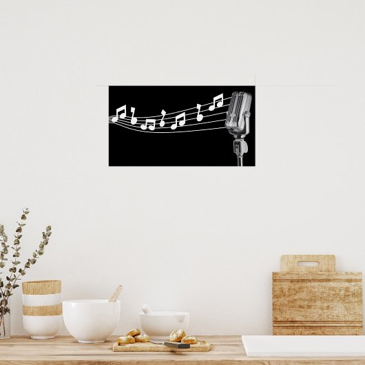Cool Retro Mic & Musical Notes Black, aangepast Poster (Keuken)