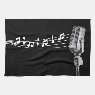 Cool Retro Mic & Musical Notes Black Theedoek