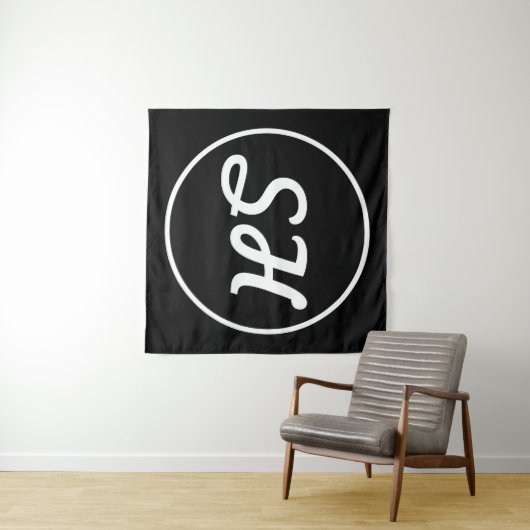 Cool Retro-modern stijlmonogram | Zwart-wit Wandkleed (In Situ (horizontaal))