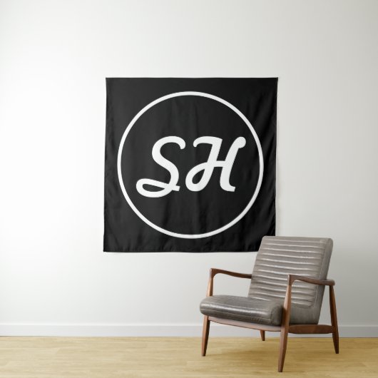 Cool Retro-modern stijlmonogram | Zwart-wit Wandkleed (In situ)