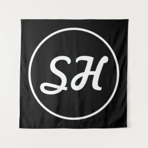 Cool Retro-modern stijlmonogram   Zwart-wit Wandkleed