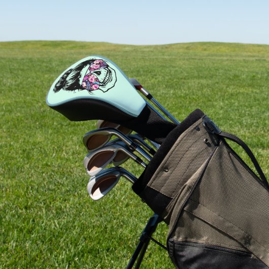 Cool Retro Skull Sunbril Messy Bun Blauwgroen Wome Golfheadcover (Insitu)