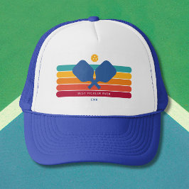 Cool Retro Stripes Custom Text Pickleball Player Trucker Pet