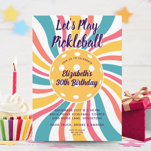 Cool Retro Sunburst Stripes Pickleball Party Kaart