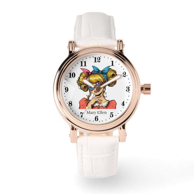 Cool retro vrouw naam toevoegen horloge (Voorkant)